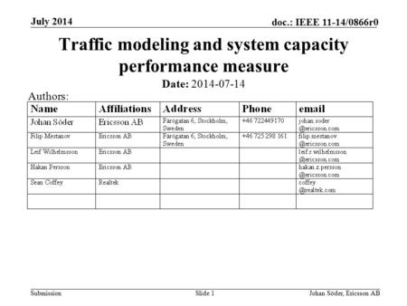 Submission doc.: IEEE 11-14/0866r0 July 2014 Johan Söder, Ericsson ABSlide 1 Traffic modeling and system capacity performance measure Date: 2014-07-14.