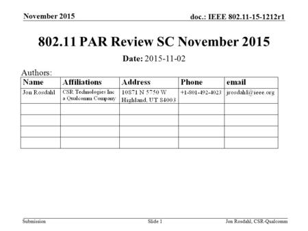 Submission doc.: IEEE 802.11-15-1212r1 802.11 PAR Review SC November 2015 Date: 2015-11-02 November 2015 Jon Rosdahl, CSR-QualcommSlide 1 Authors: