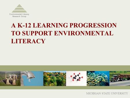A K-12 LEARNING PROGRESSION TO SUPPORT ENVIRONMENTAL LITERACY MICHIGAN STATE UNIVERSITY Environmental Literacy Research Group.