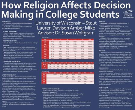 How Religion Affects Decision Making in College Students How Religion Affects Decision Making in College Students RESEARCH PROBLEM: There is a lack of.