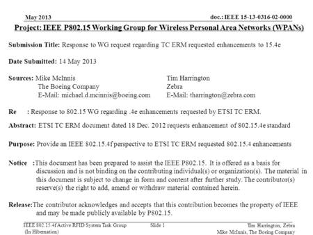 4/26/2017 Project: IEEE P802.15 Working Group for Wireless Personal Area Networks (WPANs) Submission Title: Response to WG request regarding TC ERM requested.