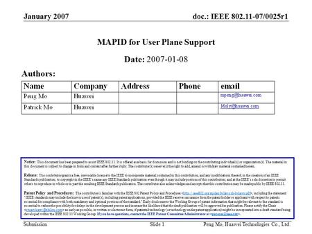 Doc.: IEEE 802.11-07/0025r1 Submission January 2007 Peng Mo, Huawei Technologies Co., Ltd.Slide 1 MAPID for User Plane Support Notice: This document has.