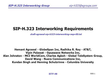 SIP-H.323 Interworking Group RRR-1 IETF-48 SIP-H.323 Interworking Requirements draft-agrawal-sip-h323-interworking-reqs-00.txt Hemant.