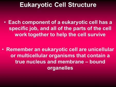 Eukaryotic Cell Structure Each component of a eukaryotic cell has a specific job, and all of the parts of the cell work together to help the cell survive.