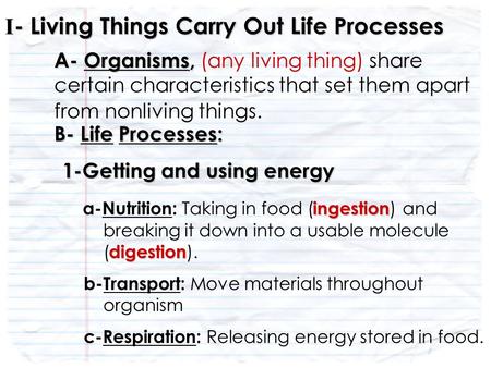A- Organisms, A- Organisms, (any living thing) share certain characteristics that set them apart from nonliving things. I - Living Things Carry Out Life.