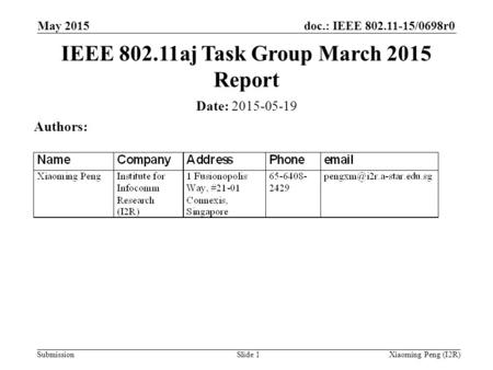 Doc.: IEEE 802.11-15/0698r0 Submission May 2015 Xiaoming Peng (I2R)Slide 1 Date: 2015-05-19 Authors: IEEE 802.11aj Task Group March 2015 Report.