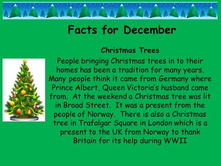 Facts for December Christmas Trees People bringing Christmas trees in to their homes has been a tradition for many years. Many people think it came from.