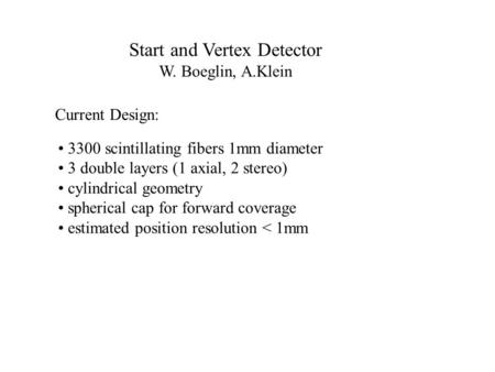 Start and Vertex Detector W. Boeglin, A.Klein Current Design: 3300 scintillating fibers 1mm diameter 3 double layers (1 axial, 2 stereo) cylindrical geometry.