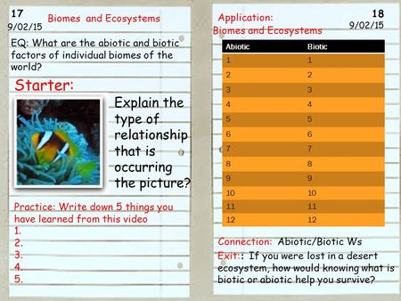 17 18 9/02/15 Biomes and Ecosystems 9/02/15 EQ: What are the abiotic and biotic factors of individual biomes of the world? Starter: Practice: Write down.