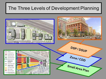 The Three Levels of Development Planning 1 Small Area Plan Zone / CDD DSP / DSUP.