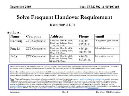 Doc.: IEEE 802.11-05/1071r3 Submission November 2005 Bin Wang, ZTE CorporationSlide 1 Solve Frequent Handover Requirement Notice: This document has been.