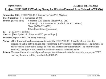 Doc.: IEEE 802.15-03/396r0 Submission September,2003 Reed Fisher, OkiSlide 1 Project: IEEE P802.15 Working Group for Wireless Personal Area Networks (WPANs)