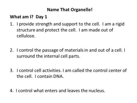 Name That Organelle! What am I? Day 1 1.I provide strength and support to the cell. I am a rigid structure and protect the cell. I am made out of cellulose.