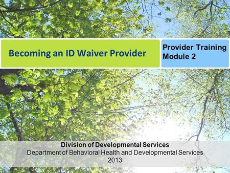 Becoming an ID Waiver Provider Division of Developmental Services Department of Behavioral Health and Developmental Services 2013 Provider Training Module.