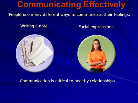 People use many different ways to communicate their feelings. Writing a note Facial expressions Communication is critical to healthy relationships. Communicating.