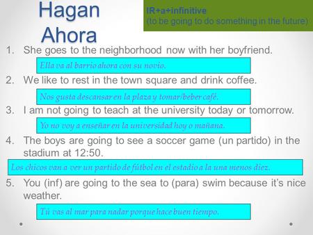 Hagan Ahora 1.She goes to the neighborhood now with her boyfriend. 2.We like to rest in the town square and drink coffee. 3.I am not going to teach at.