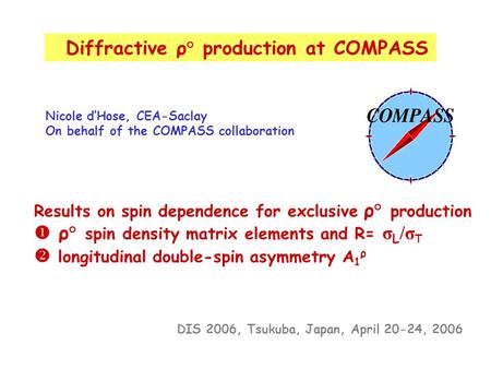 Diffractive ρ° production at COMPASS Nicole d’Hose, CEA-Saclay On behalf of the COMPASS collaboration Results on spin dependence for exclusive ρ° production.