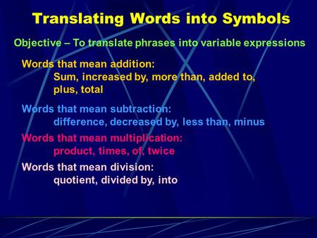 Translating Words into Symbols Objective – To translate phrases into variable expressions Words that mean addition: Sum, increased by, more than, added.