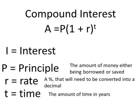The amount of money either being borrowed or saved A %, that will need to be converted into a decimal The amount of time in years Compound Interest A =P(1.