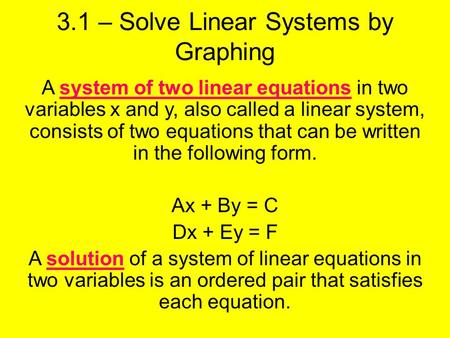 3.1 – Solve Linear Systems by Graphing A system of two linear equations in two variables x and y, also called a linear system, consists of two equations.