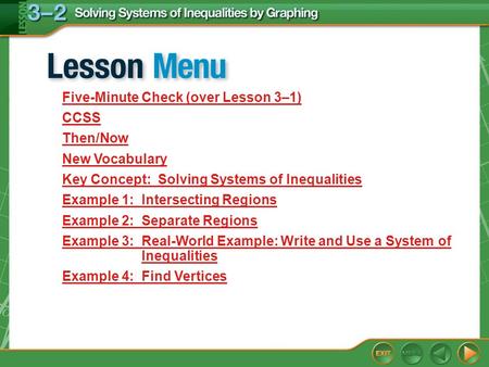 Lesson Menu Five-Minute Check (over Lesson 3–1) CCSS Then/Now New Vocabulary Key Concept: Solving Systems of Inequalities Example 1: Intersecting Regions.