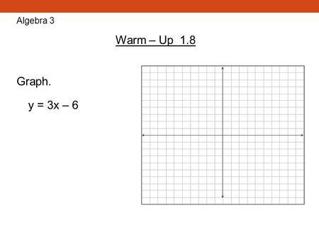 Algebra 3 Warm – Up 1.8 Graph. y = 3x – 6.