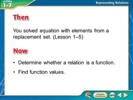Then/Now You solved equation with elements from a replacement set. (Lesson 1–5) Determine whether a relation is a function. Find function values.