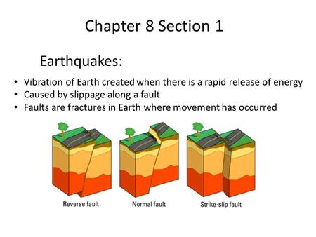 Chapter 8 Section 1 Earthquakes: Vibration of Earth created when there is a rapid release of energy Caused by slippage along a fault Faults are fractures.