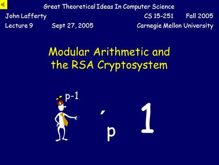 Modular Arithmetic and the RSA Cryptosystem Great Theoretical Ideas In Computer Science John LaffertyCS 15-251 Fall 2005 Lecture 9Sept 27, 2005Carnegie.