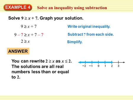 Solve an inequality using subtraction EXAMPLE 4 Solve 9  x + 7. Graph your solution. 9  x + 7 Write original inequality. 9 – 7  x + 7 – 7 Subtract 7.