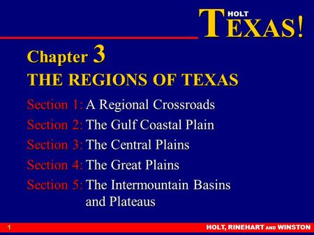 T EXAS ! HOLT HOLT, RINEHART AND WINSTON1 Chapter 3 THE REGIONS OF TEXAS Section 1:A Regional Crossroads Section 2:The Gulf Coastal Plain Section 3:The.