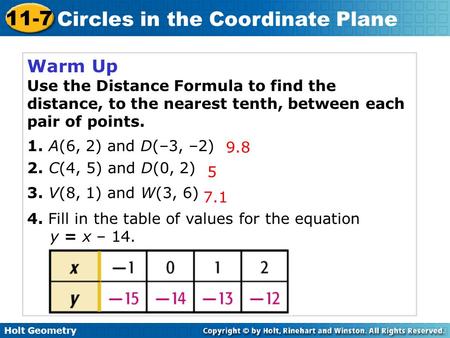 Warm Up Use the Distance Formula to find the distance, to the nearest tenth, between each pair of points. 1. A(6, 2) and D(–3, –2) 2. C(4, 5) and D(0,
