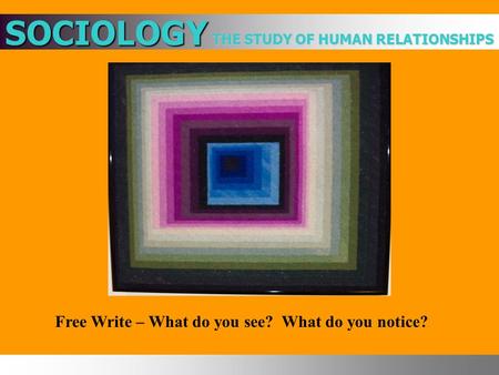 THE STUDY OF HUMAN RELATIONSHIPS SOCIOLOGY Free Write – What do you see? What do you notice?