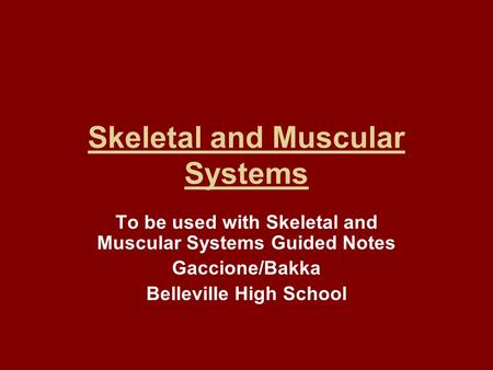 Skeletal and Muscular Systems To be used with Skeletal and Muscular Systems Guided Notes Gaccione/Bakka Belleville High School.