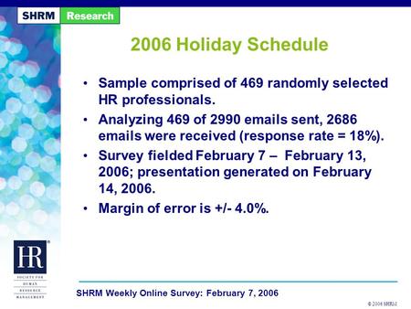 © 2006 SHRM SHRM Weekly Online Survey: February 7, 2006 2006 Holiday Schedule Sample comprised of 469 randomly selected HR professionals. Analyzing 469.