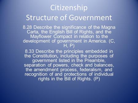 Citizenship Structure of Government 8.28 Describe the significance of the Magna Carta, the English Bill of Rights, and the Mayflower Compact in relation.