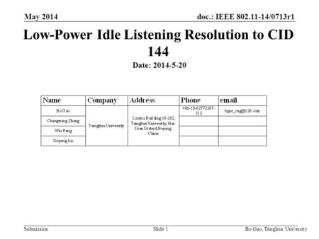 Doc.: IEEE 802.11-14/0713r1 Submission May 2014 Bo Gao, Tsinghua University Low-Power Idle Listening Resolution to CID 144 Date: 2014-5-20 Slide 1.