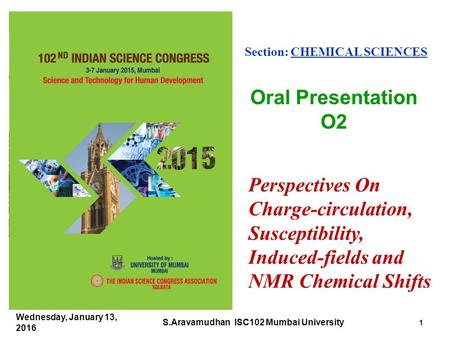 Perspectives On Charge-circulation, Susceptibility, Induced-fields and NMR Chemical Shifts Section: CHEMICAL SCIENCES Oral Presentation O2 Wednesday, January.