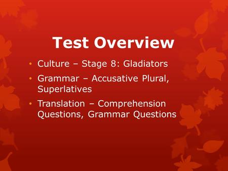 Test Overview Culture – Stage 8: Gladiators Grammar – Accusative Plural, Superlatives Translation – Comprehension Questions, Grammar Questions.