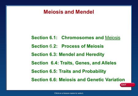 Click on a lesson name to select. Section 6.1: Chromosomes and Meiosis Section 6.2: Process of Meiosis Section 6.3: Mendel and Heredity Section 6.4: Traits,