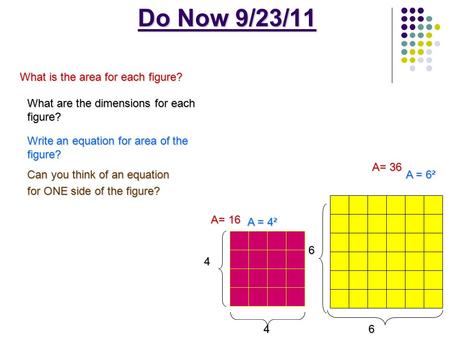 Do Now 9/23/11 46 6 A= 16 A = 4² A= 36 A = 6² 4 What is the area for each figure? What are the dimensions for each figure? Write an equation for area of.