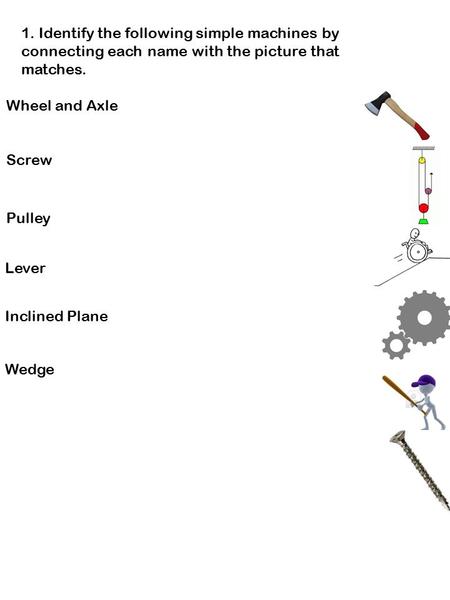 1. Identify the following simple machines by connecting each name with the picture that matches. Wheel and Axle Screw Pulley Lever Inclined Plane Wedge.