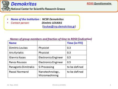 13 Nov. 20131Dimitris LOUKAS Name of the Institution : NCSR Demokritos Contact person: Dimitris LOUKAS