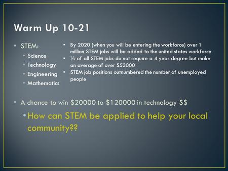 STEM: Science Technology Engineering Mathematics A chance to win $20000 to $120000 in technology $$ How can STEM be applied to help your local community??