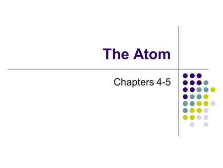 The Atom Chapters 4-5 Atomic Theories Democritus ~ 400 BC believed that atoms were indivisible and indestructible Dalton ~ 1800’s Developed through experiments.