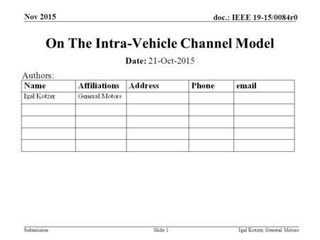 Submission doc.: IEEE 19-15/0084r0 Nov 2015 Igal Kotzer, General MotorsSlide 1 On The Intra-Vehicle Channel Model Date: 21-Oct-2015 Authors:
