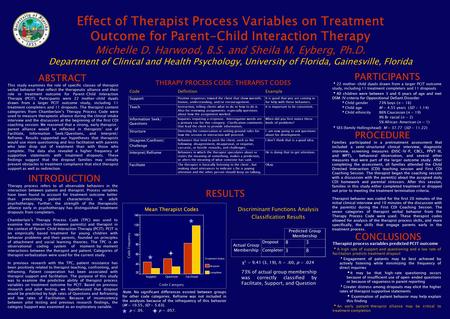 Effect of Therapist Process Variables on Treatment Outcome for Parent-Child Interaction Therapy Michelle D. Harwood, B.S. and Sheila M. Eyberg, Ph.D. Department.
