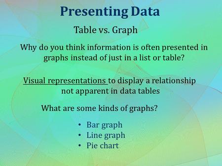 Presenting Data Table vs. Graph Why do you think information is often presented in graphs instead of just in a list or table? What are some kinds of graphs?