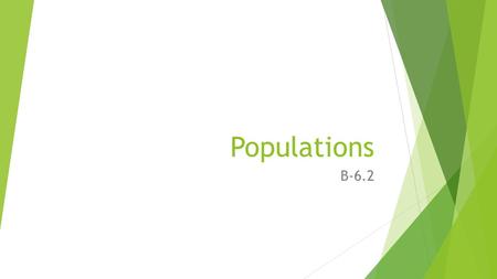 Populations B-6.2. Populations Population is a group of organisms belonging to the same species that live in a particular area. Populations can be described.