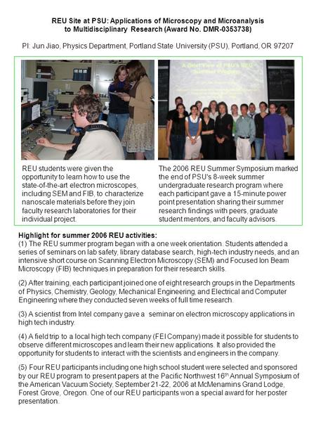 The 2006 REU Summer Symposium marked the end of PSU's 8-week summer undergraduate research program where each participant gave a 15-minute power point.
